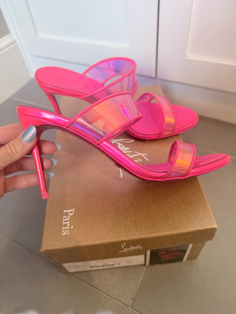 NEW Christian Louboutin Hot Pink Stiletto Mules with Iridescent Straps